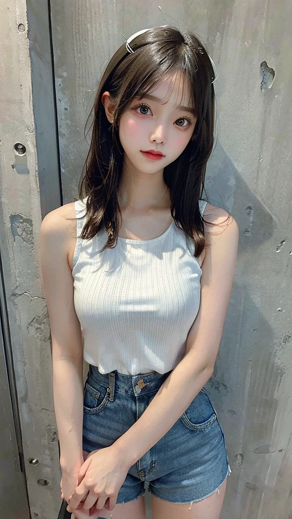 (Masterpiece, Best Quality:1.2), 1 girl, Alone,standing_to divide,
wide, White Sleeveless Tank Top,blue denim shorts