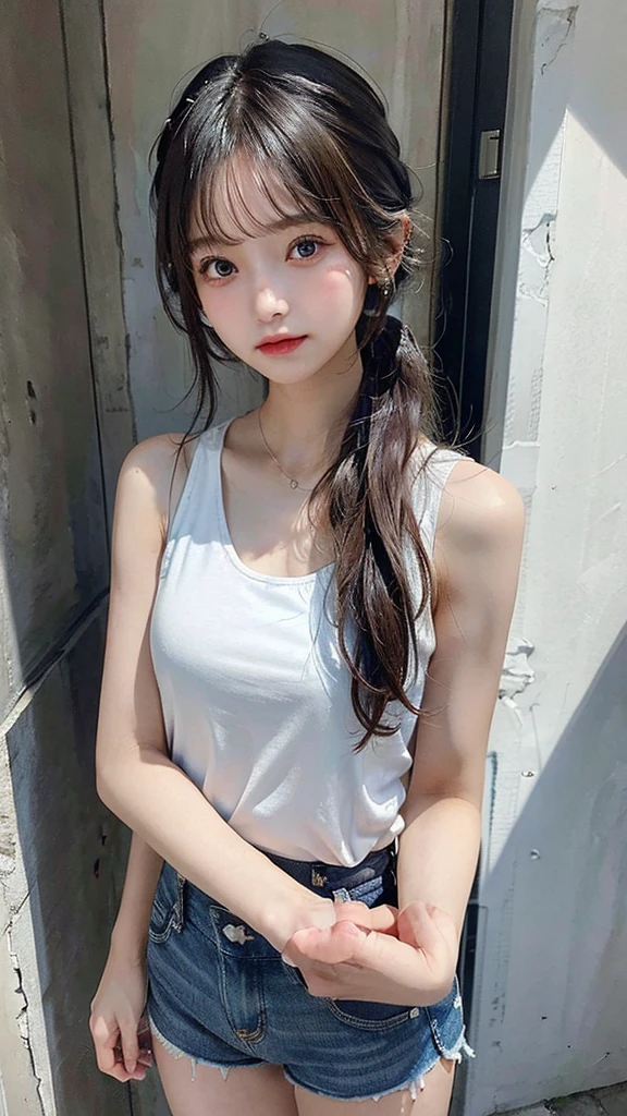 (Masterpiece, Best Quality:1.2), 1 girl, Alone,standing_to divide,
wide, White Sleeveless Tank Top,blue denim shorts