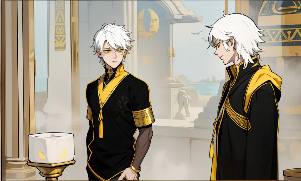 There are two demigods, they are 18 years old, white hair, yellow eyes, golden jewelry, black and yellow tunics. , They are being serious , They are in a room in a palace in ancient Egypt.