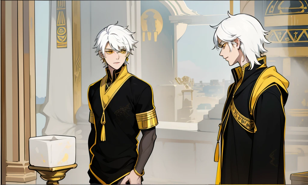 There are two demigods, they are 18 years old, white hair, yellow eyes, golden jewelry, black and yellow tunics. , They are being serious , They are in a room in a palace in ancient Egypt.