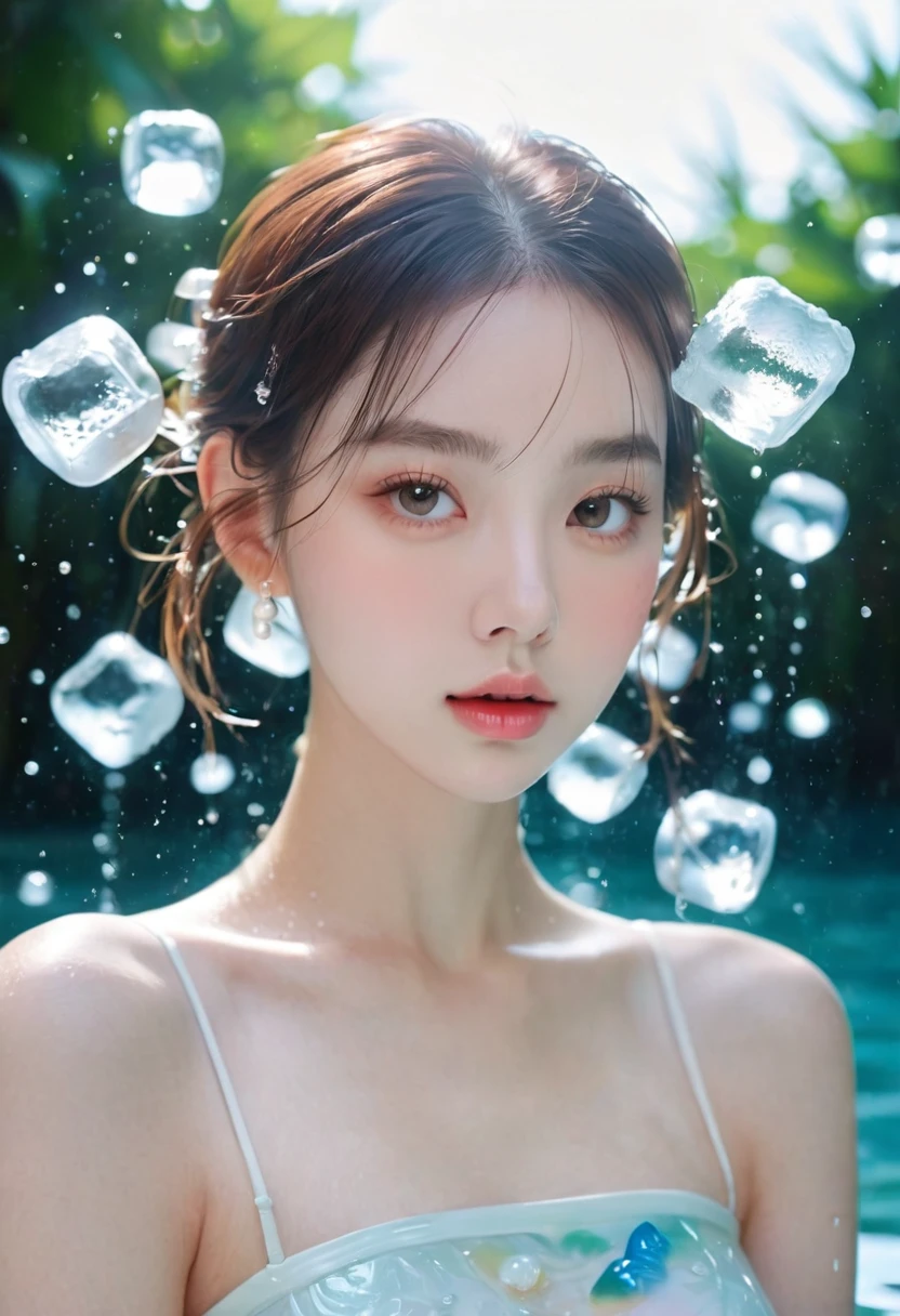 Summer Peach Girl，Dopamine teenage， Cool summer days，Ice cubes，The watery girl，Delicate skin，Hydration，Shiny，Shiny，dream，Front view，bust，pearl