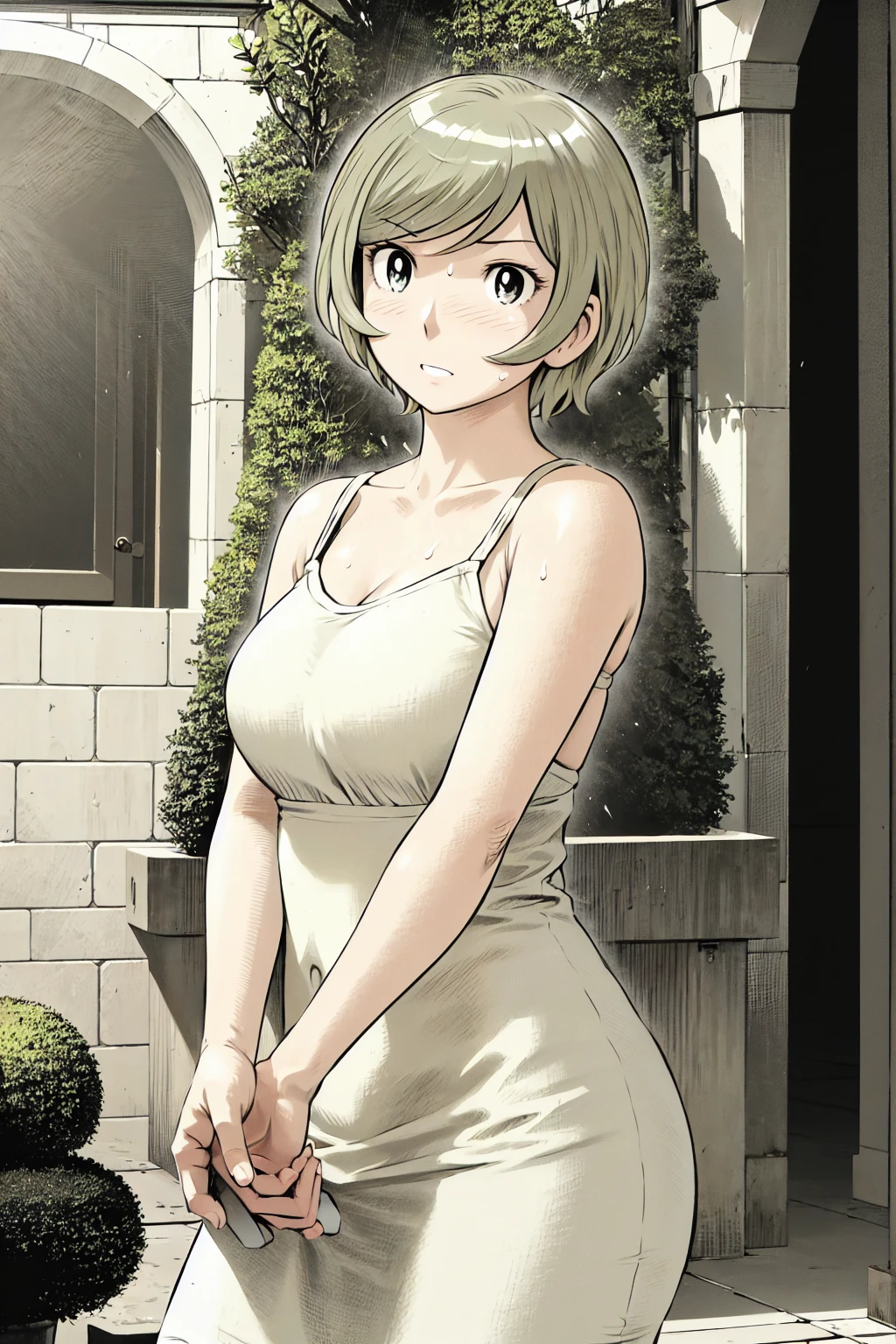 、(masterpiece、Highest quality)、Highest quality, Ultra-high resolution, (((masterpiece))), alone, Sweat、Big eyes, Please show me your armpits, No sleeve、Outdoor、Floral dress、Composition from the front、（Cut the back hair short、short hair、blonde、woman）、Shortcuts、Embarrassed face、Cut your hair short、可愛いwomanの子、Big Breasts