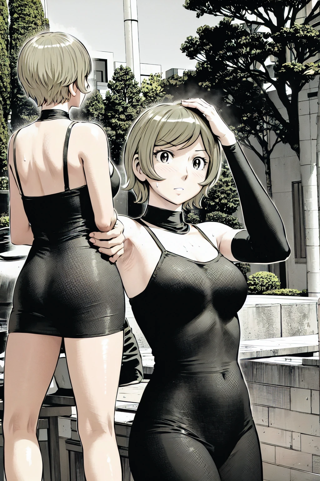 、(masterpiece、Highest quality)、Highest quality, Ultra-high resolution, (((masterpiece))), alone, Sweat、Big eyes, Please show me your armpits, No sleeve、Outdoor、Floral dress、Composition from the front、(Cut the back hair short、short hair、blonde、woman)、Shortcuts、Embarrassed face、Cut your hair short、可愛いwomanの子、Big Breasts
