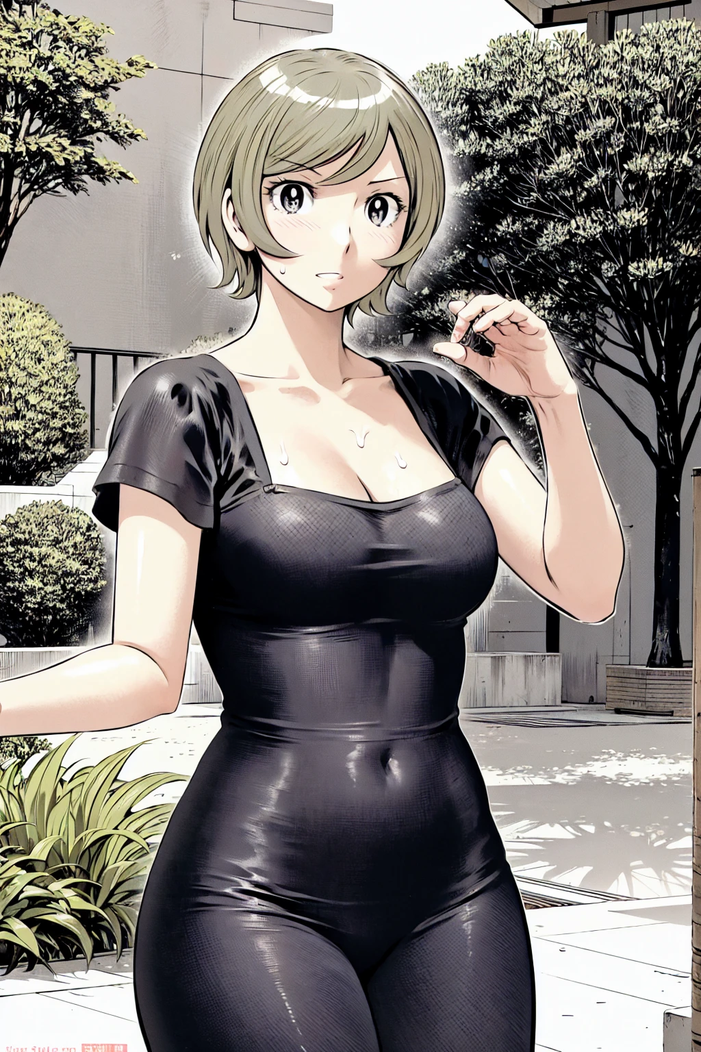 、(masterpiece、Highest quality)、Highest quality, Ultra-high resolution, (((masterpiece))), alone, Sweat、Big eyes, Please show me your armpits, No sleeve、Outdoor、Floral dress、Composition from the front、(Cut the back hair short、short hair、blonde、woman)、Shortcuts、Embarrassed face、Cut your hair short、可愛いwomanの子、Big Breasts