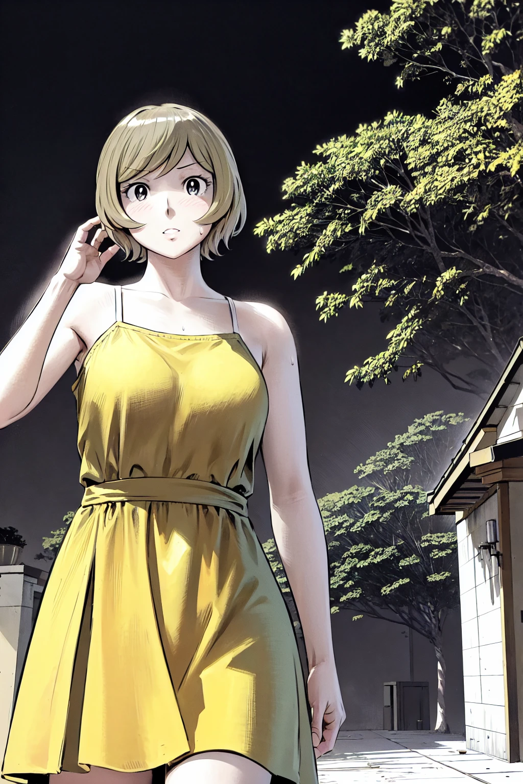 、(masterpiece、Highest quality)、Highest quality, Ultra-high resolution, (((masterpiece))), alone, Sweat、Big eyes, Please show me your armpits, No sleeve、Outdoor、Floral dress、Composition from the front、(Cut the back hair short、short hair、blonde、woman)、Shortcuts、Embarrassed face、Cut your hair short、可愛いwomanの子、Big Breasts