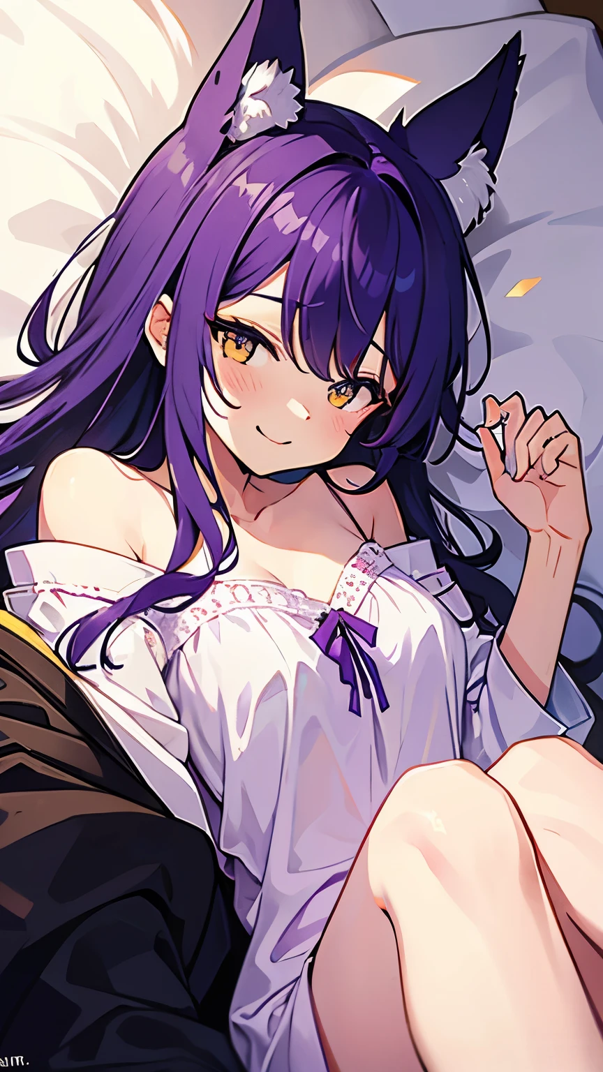 fenrir, ((purple hair)), (ears wolf,) white dress, yellow eyes,  long hair, smile,  beautiful, masterpiece, pajama, sleeping, drooling, saliva