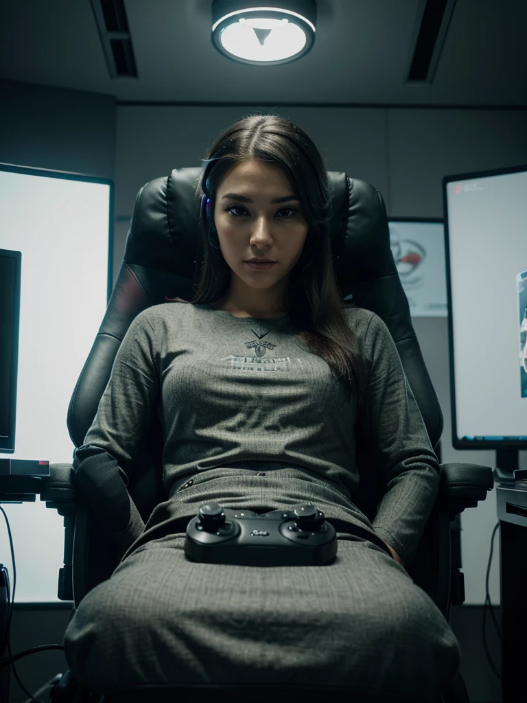 a beautiful gamer woman, third person view, perfil view, playing video games, highly detailed face and expression, beautiful detailed eyes, beautiful detailed lips, extremely detailed eyes and face, long eyelashes, elegant posture, gaming chair, gaming setup, high-end gaming PC, complex gaming environment, vivid colors, dramatic lighting, cinematic composition, photorealistic, 8k, best quality, masterpiece, digital painting
