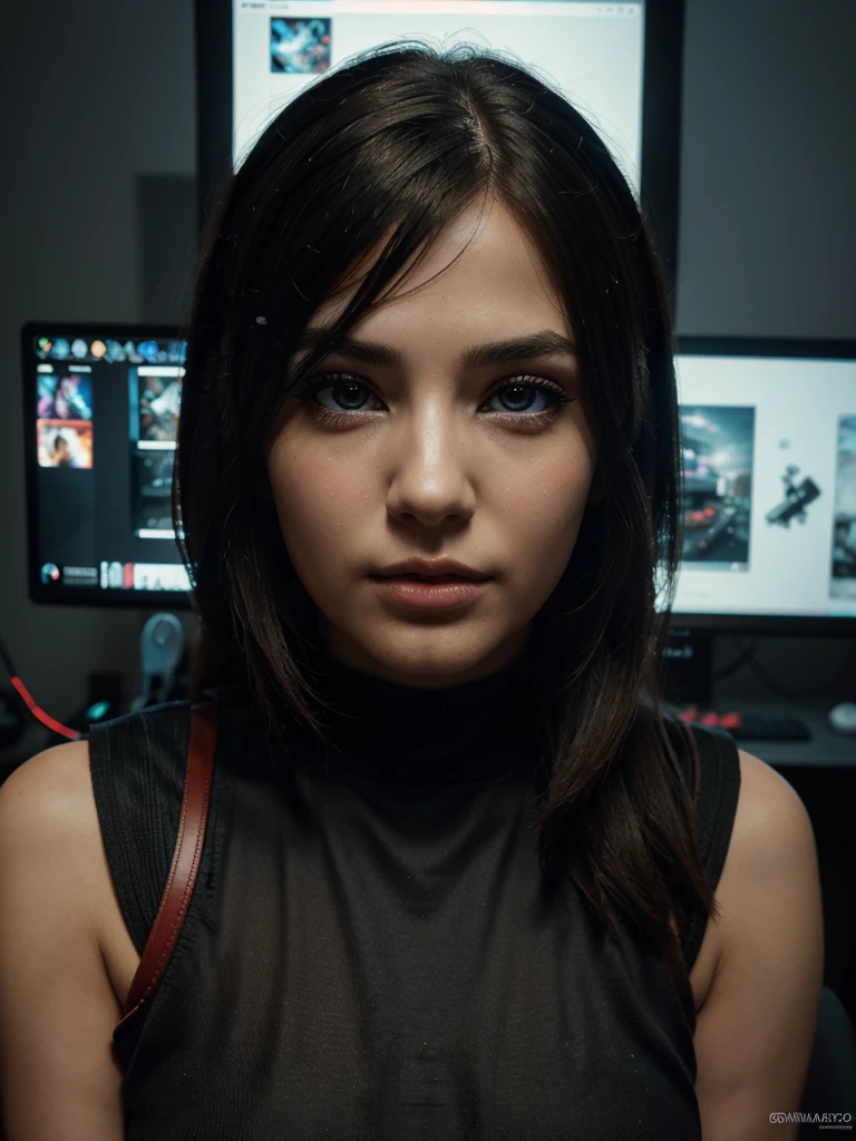 a beautiful gamer woman, third person view, perfil view, playing video games, highly detailed face and expression, beautiful detailed eyes, beautiful detailed lips, extremely detailed eyes and face, long eyelashes, elegant posture, gaming chair, gaming setup, high-end gaming PC, complex gaming environment, vivid colors, dramatic lighting, cinematic composition, photorealistic, 8k, best quality, masterpiece, digital painting