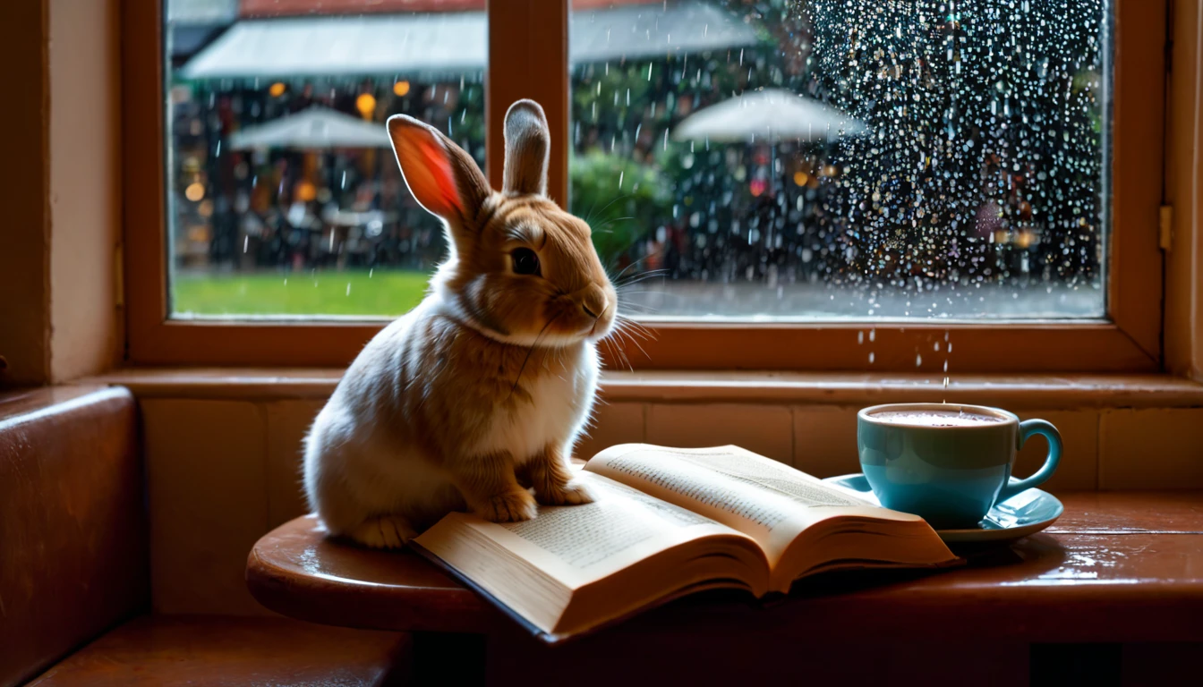 It's raining outside. A scene from a cafe with a warm atmosphere. An anthropomorphized baby rabbit is reading a book while drinking hot chocolate at a window seat. The warm light and calm expression are impressive.