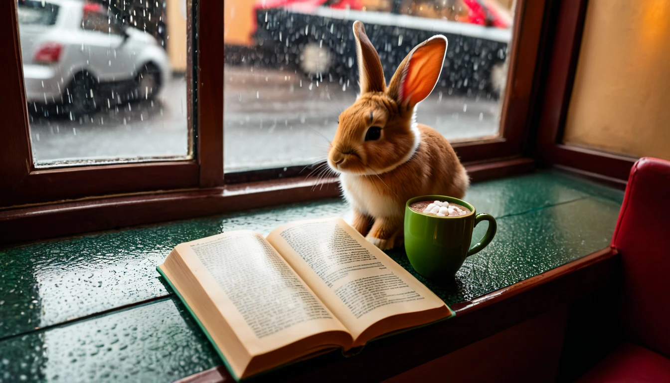 It's raining outside. A scene from a cafe with a warm atmosphere. An anthropomorphized baby rabbit is reading a book while drinking hot chocolate at a window seat. The warm light and calm expression are impressive.