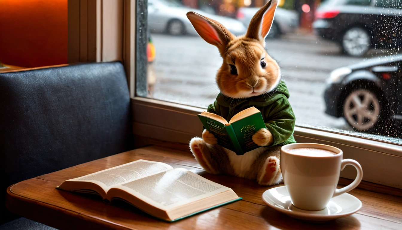 It's raining outside. A scene from a cafe with a warm atmosphere. An anthropomorphized baby rabbit is reading a book while drinking hot chocolate at a window seat. The warm light and calm expression are impressive.