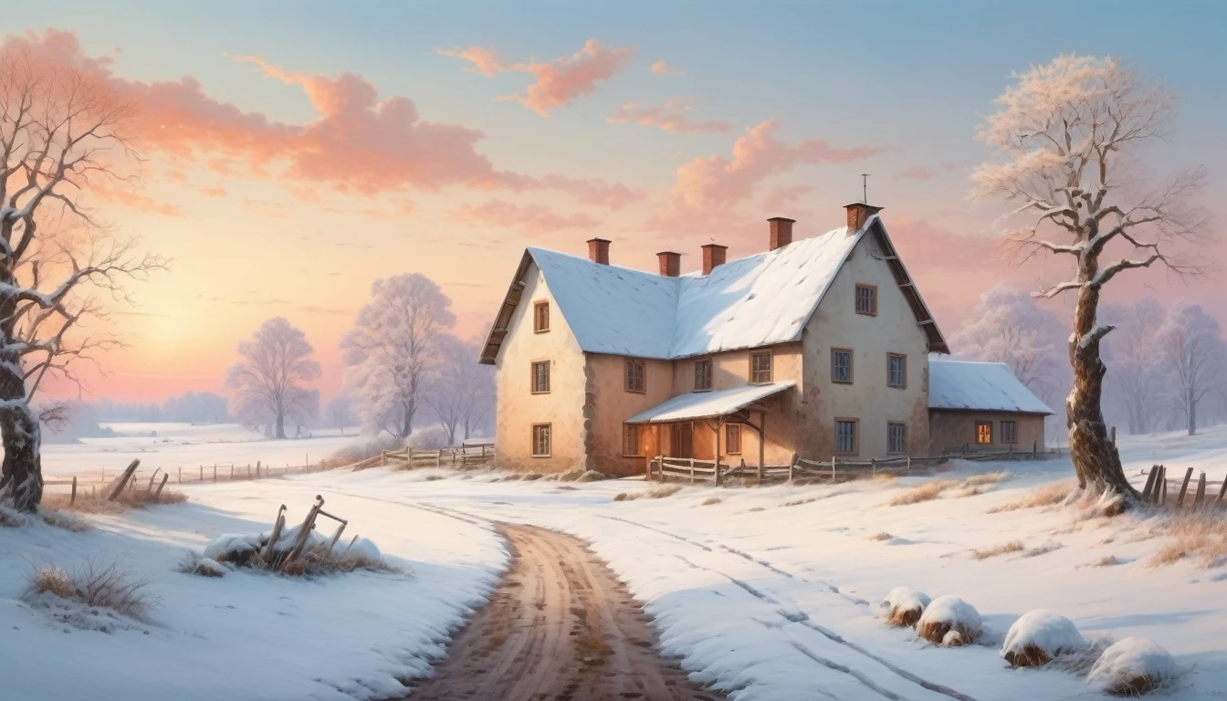 The farmhouse in a silent, snow-covered landscape with soft, muted colors and a peaceful atmosphere. Style of Caspar David Friedrich. Hyper realistic photo, vibrant colors, 16k