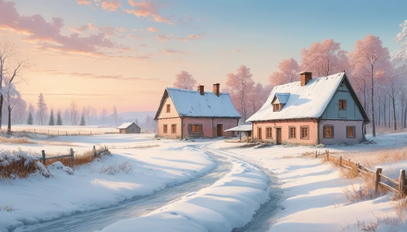 The farmhouse in a silent, snow-covered landscape with soft, muted colors and a peaceful atmosphere. Style of Caspar David Friedrich. Hyper realistic photo, vibrant colors, 16k