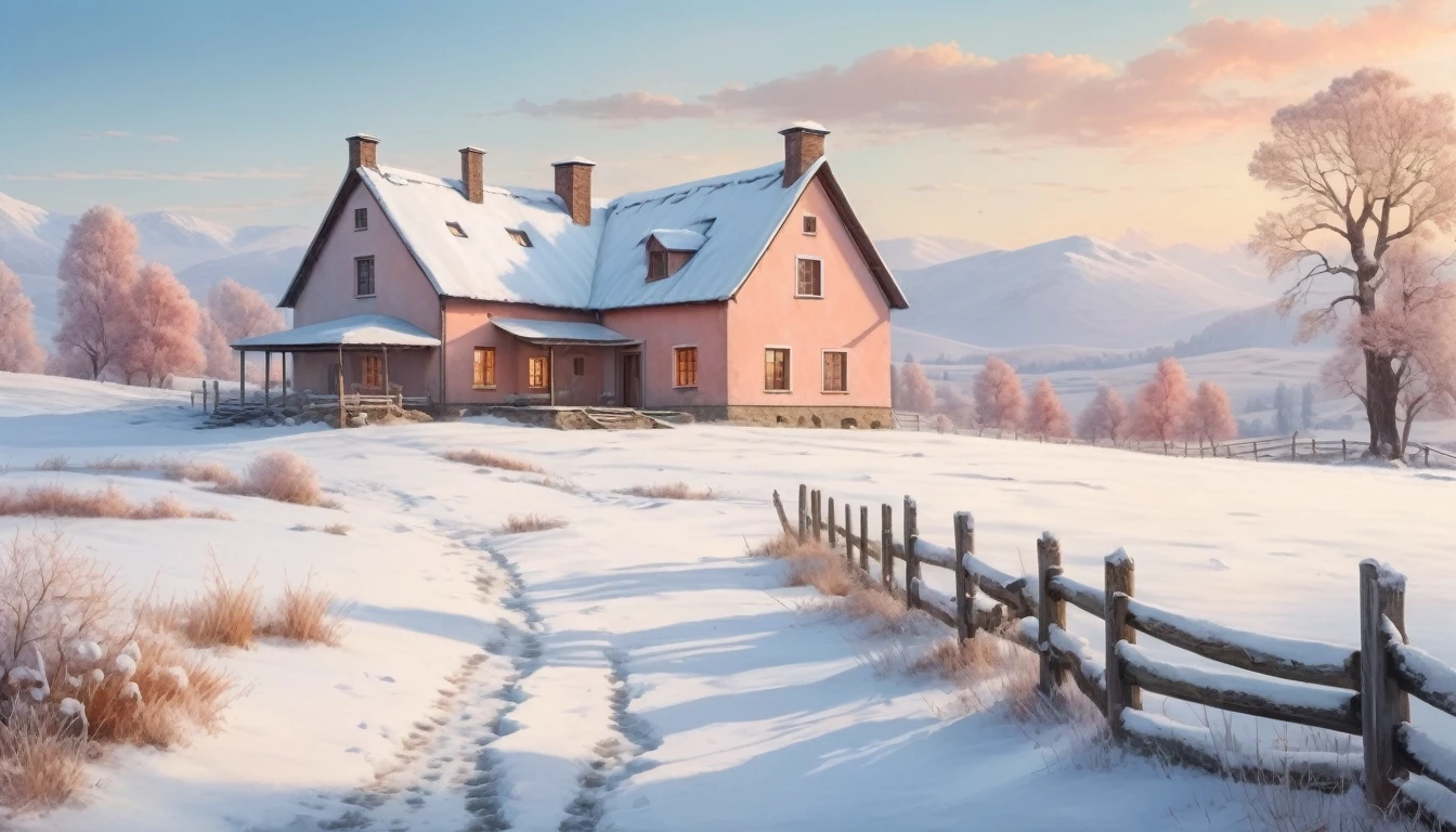 The farmhouse in a silent, snow-covered landscape with soft, muted colors and a peaceful atmosphere. Style of Caspar David Friedrich. Hyper realistic photo, vibrant colors, 16k