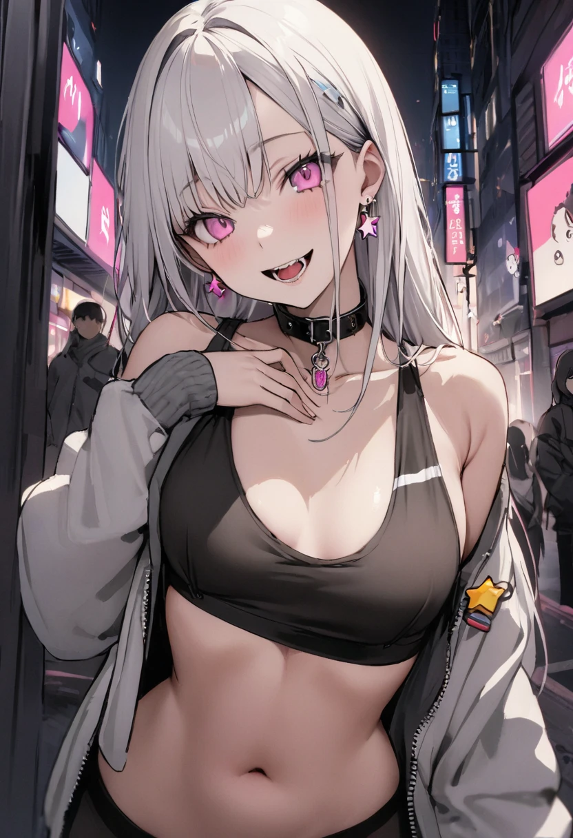 (masterpiece:1.2)、Highest quality、PIXIV、Rebellious girl、One girl、Open your mouth、鋭いteeth、teeth、Long Hair、Street background、gem、badge、ボタンbadge、Food、Pink Eyes、Earrings、Jacket、eyelash、Foodを下にして、star (symbol)、Upper Body、Characters in clothes、zipper、collar、cable、chain、tongue、Stickers、hoodie、smile、spike、Focus on the viewer、長いtongue、Chest in the center、Shoulder Bare、Belly button、Black and white hair color,leaning forward,Cyberpunk city,Night view,Black and white grey outfit,fallatio,Absolute area,1boy,Sports Bra,Put fingers on chest,Turn over clothes