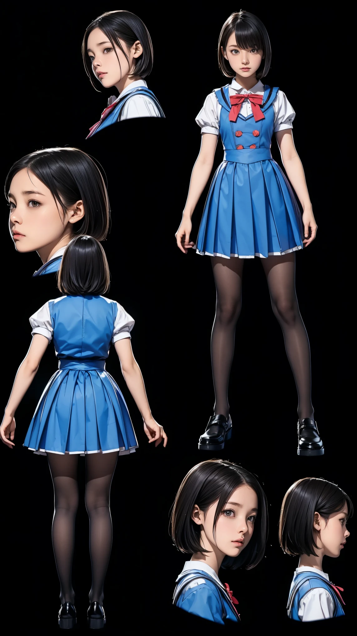 ((Character design sheet)), ((character diagram)), various expressions, Various poses, 12-year-old girl, Alice in Wonderland uniform, short hair, Black Hair, Realistic々Angle, 8K, (Big Size)