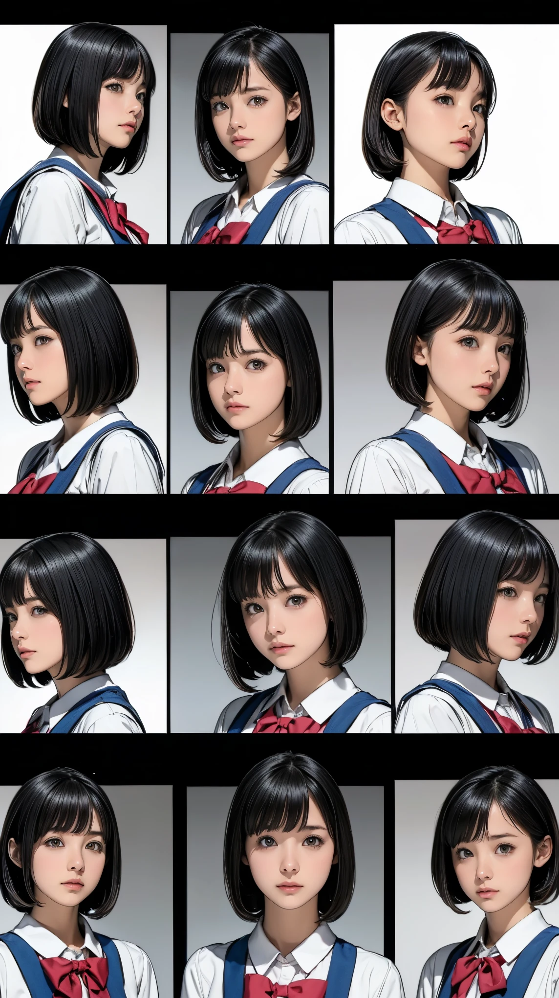 ((Character design sheet)), ((character diagram)), various expressions, Various poses, -yeld gi Alice in Wonderland uniform, short hair, Black Hair, Realistic々Angle, 8K, (Big Size)