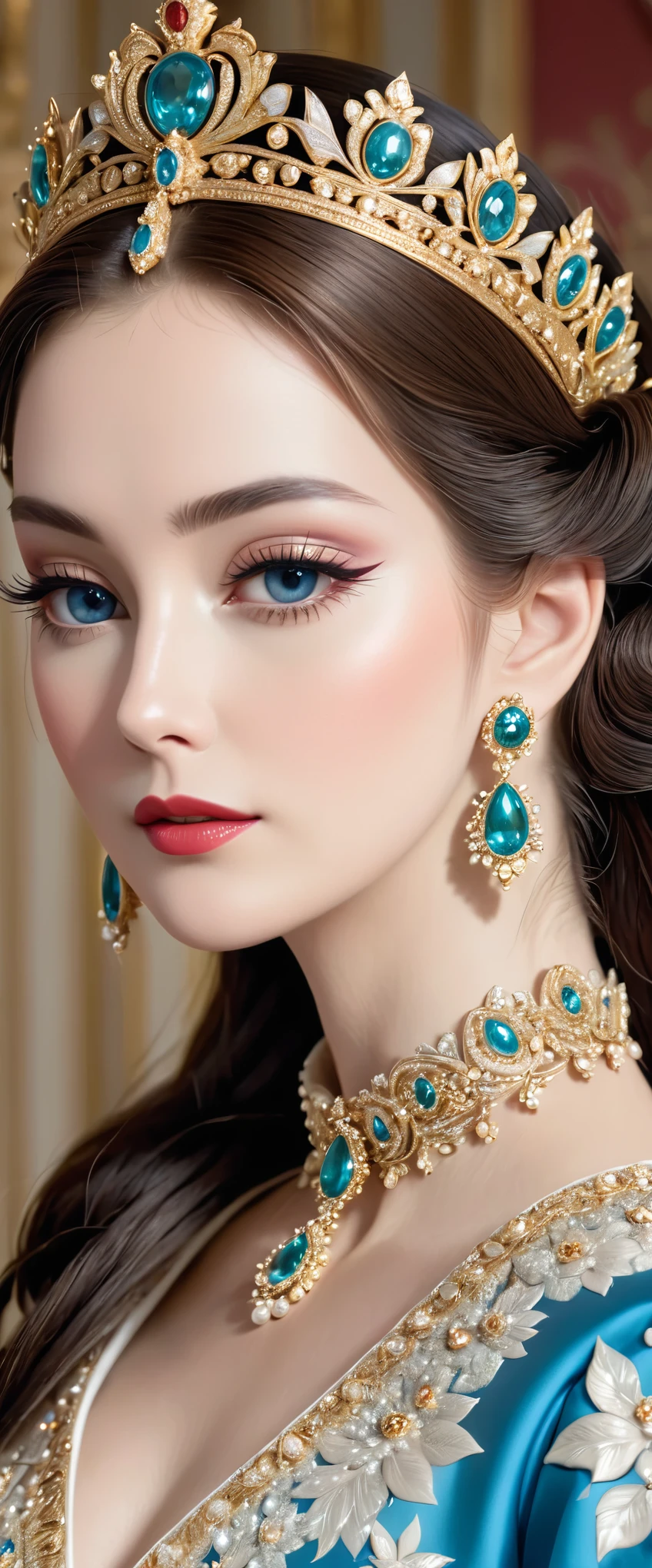 best quality, super fine, 16k, incredibly absurdres, extremely detailed, 2.5D, delicate and dynamic depiction, extremely beautiful queen, one of a kind, beautiful appearance, gorgeous and luxurious clothing, gorgeous and luxurious accessories, charming expression, (grace:1.3), gorgeous and luxurious palace