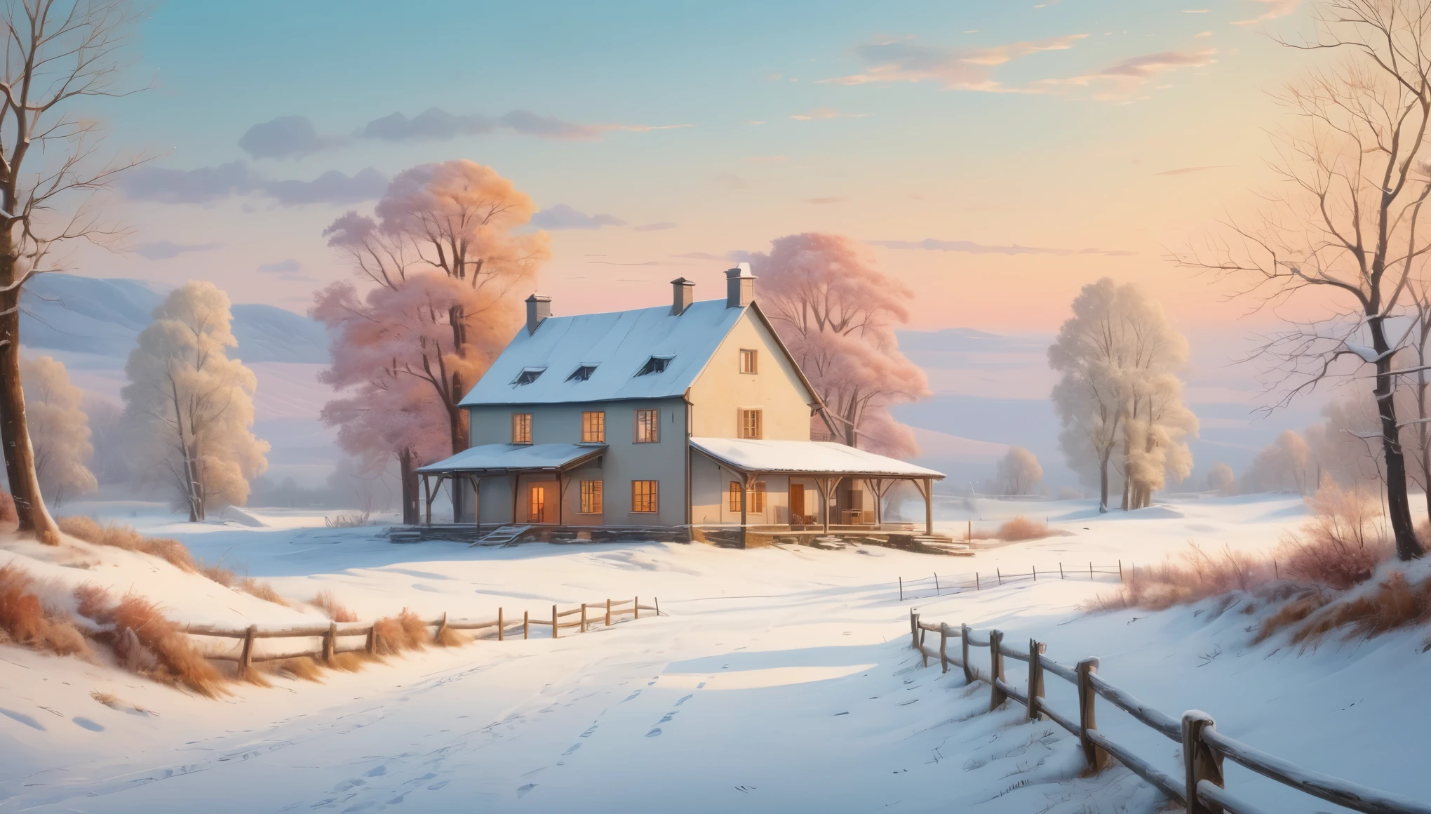 The farmhouse in a silent, snow-covered landscape with soft, muted colors and a peaceful atmosphere. Style of Caspar David Friedrich. Hyper realistic photo, vibrant colors, 16k