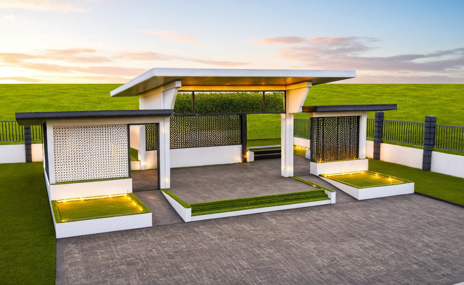 Masterpiece, high quality, best quality, authentic, super detail, outdoors, huts style modern, white concrete wall, field landscape, sunset, gate road, pavement, grass, trees, blue sky, cloud, (day:1.1), realistic lighting