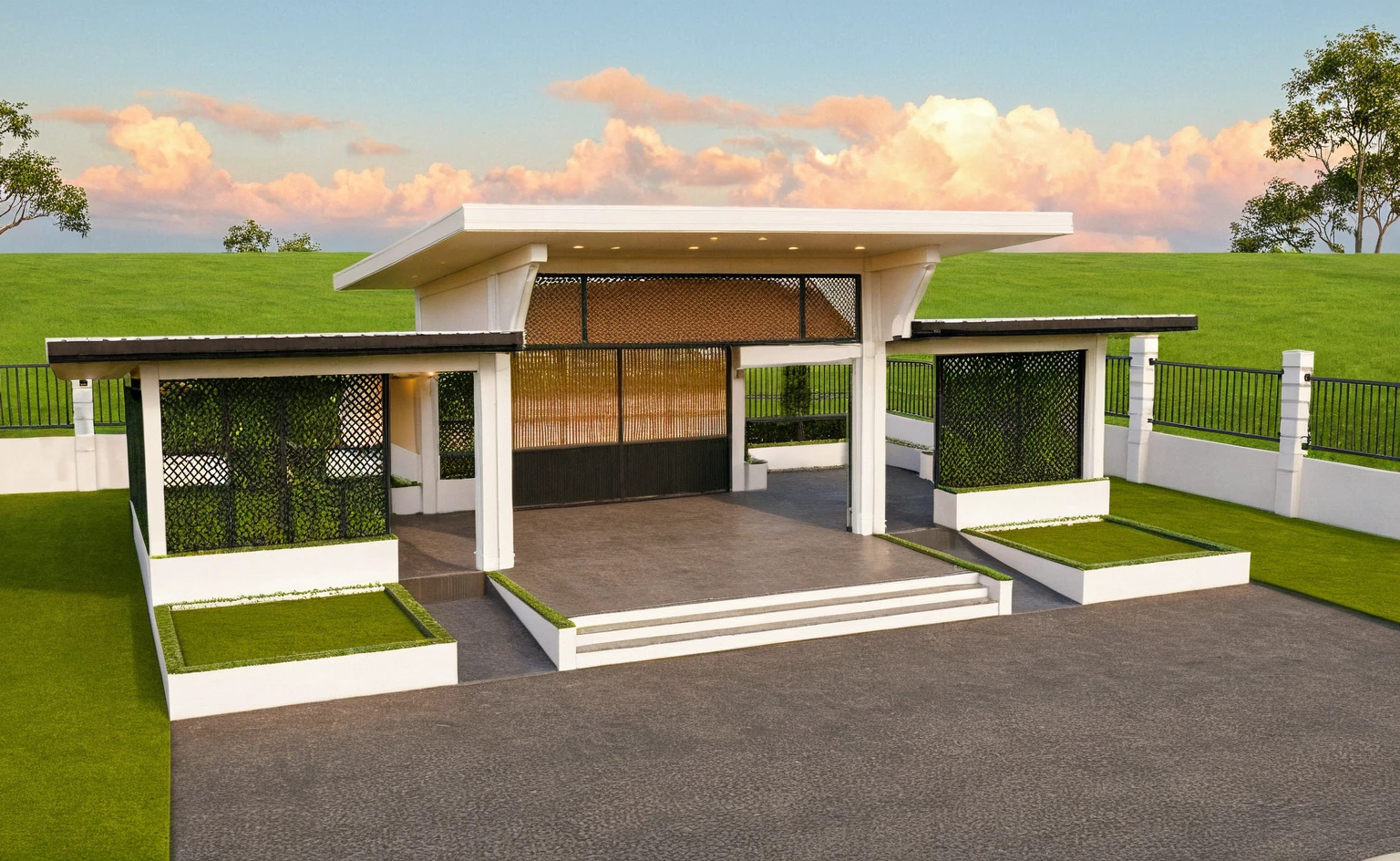 Masterpiece, high quality, best quality, authentic, super detail, outdoors, huts style modern, white concrete wall, field landscape, sunset, gate road, pavement, grass, trees, blue sky, cloud, (day:1.1), realistic lighting