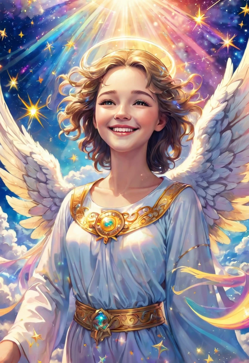 Close-up of smiling angel, heaven, above the clouds, colorful shooting stars, earth