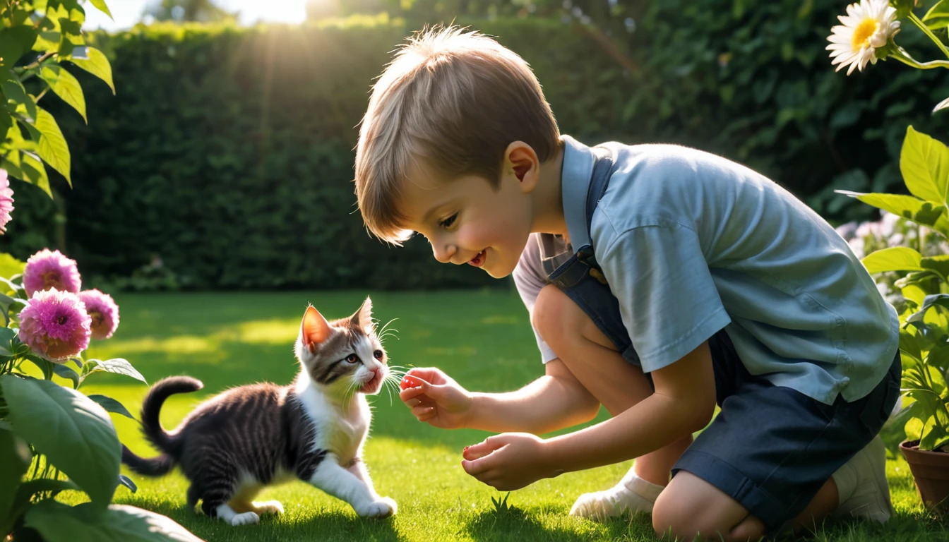 A boy and a grown kitten are playing in the garden in the bright summer sunshine. a happy scene
