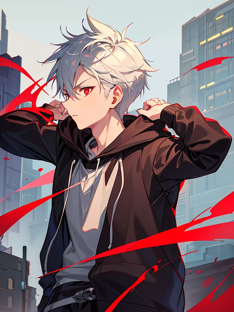 A front of a young man with short white hair, red eyes, masculine face. Wearing a black hoodie with gray details. He is standing, looking to the side. On a center of a city. Dungeons and Dragons art direction, studio ghibli Style