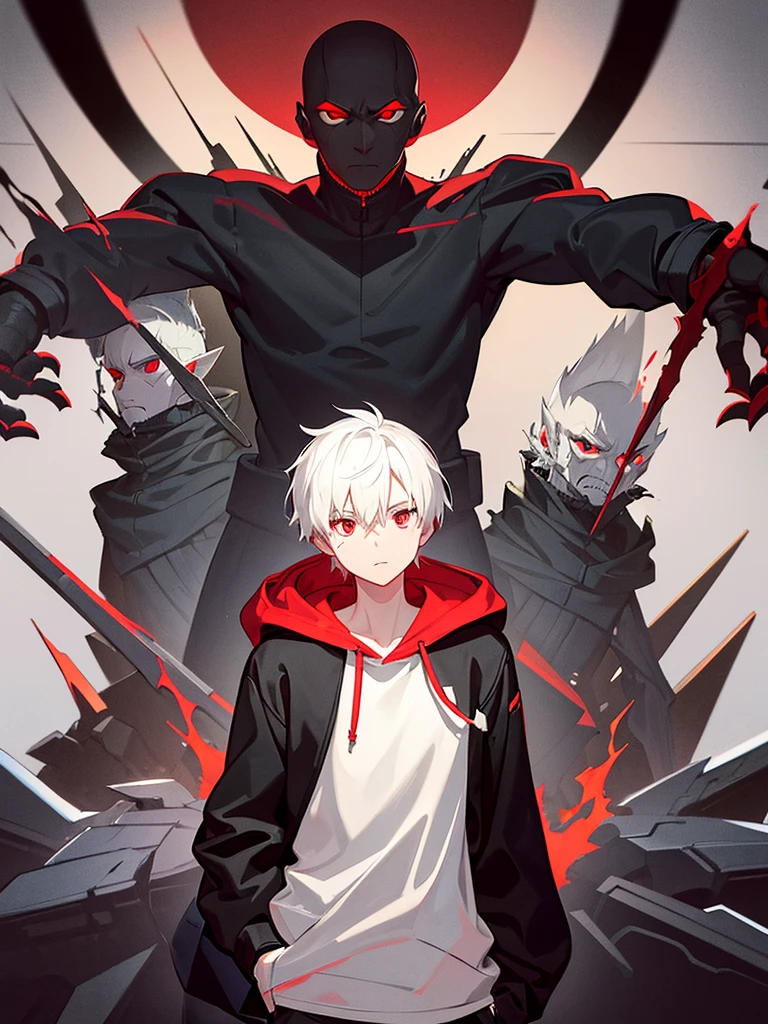 A front of a young man with short white hair, red eyes, masculine face. Wearing a black hoodie with gray details. He is standing, looking to the side. On a center of a city. Dungeons and Dragons art direction, studio ghibli Style