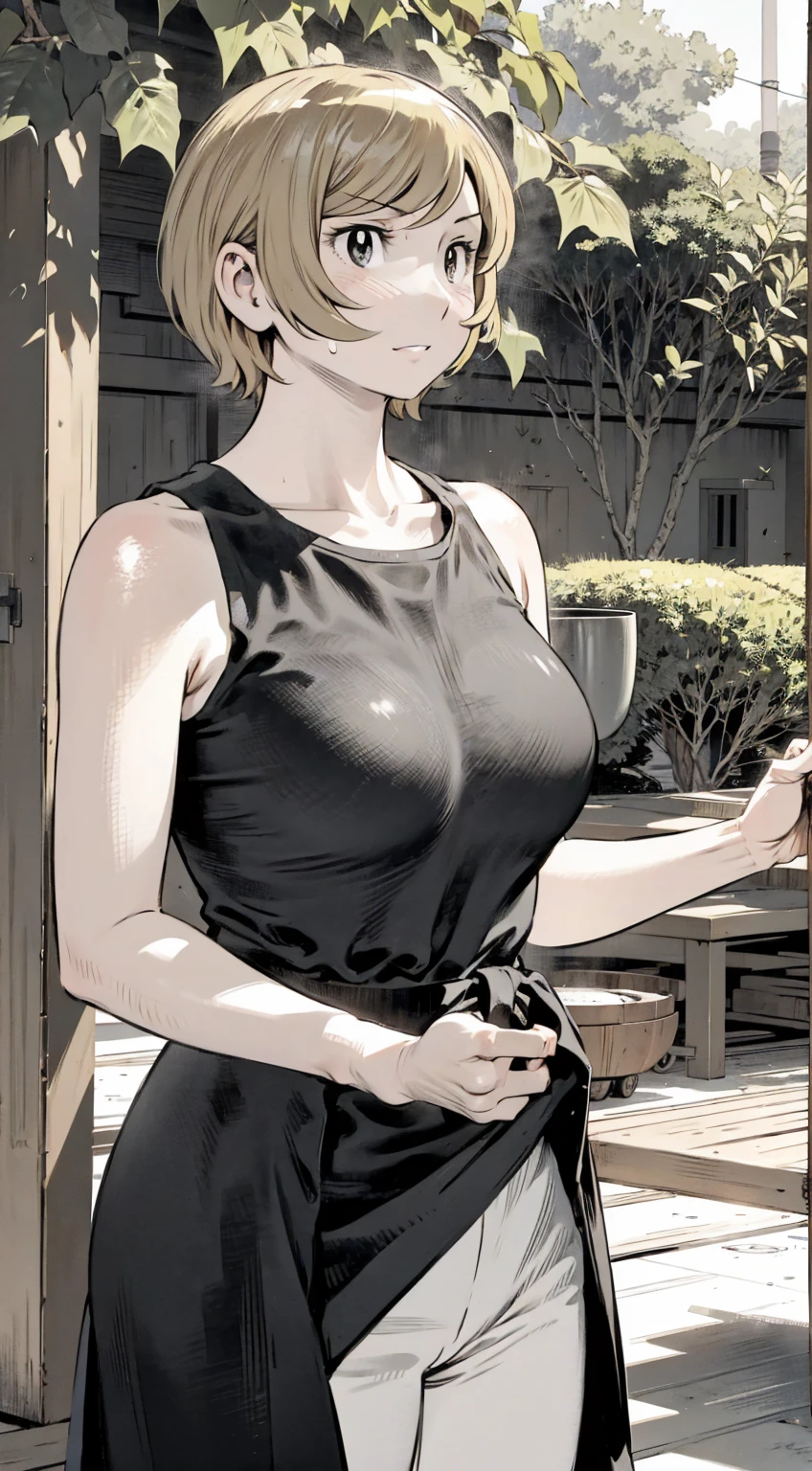 、(masterpiece、Highest quality)、Highest quality, Ultra-high resolution, (((masterpiece))), alone, Sweat、Big eyes, Please show me your armpits, No sleeve、Outdoor、Floral dress、Composition from the front、(Cut the back hair short、short hair、blonde、woman)、Shortcuts、Embarrassed face、Cut your hair short、可愛いwomanの子、Big Breasts