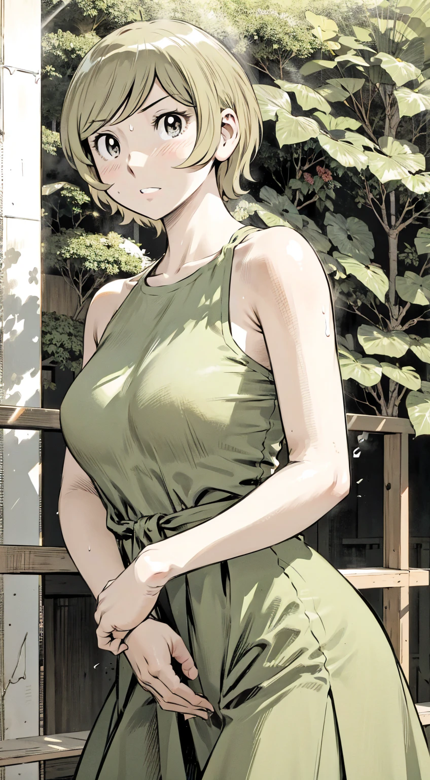 、(masterpiece、Highest quality)、Highest quality, Ultra-high resolution, (((masterpiece))), alone, Sweat、Big eyes, Please show me your armpits, No sleeve、Outdoor、Floral dress、Composition from the front、(Cut the back hair short、short hair、blonde、woman)、Shortcuts、Embarrassed face、Cut your hair short、可愛いwomanの子、Big Breasts