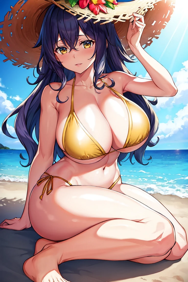 (best quality, masterpiece:1.2),pomni,1girl,scared,full body,outdoor,beach,huge breasts,curvy,tall female,clumpy hair,windswept hair,sandy toes,bikini,yellow bikini,beach hat,flower crown,open mouth,mixed emotions,dramatic lighting, key,contrast of light and shadow,colorful sunset,rippling waves,endless horizon,striking pose,expressive eyes,fearful expression,nervous posture,tense shoulders,soft sand,barefoot,shadowy silhouettes,distant seagulls,calm sea,summer vibes,natural beauty