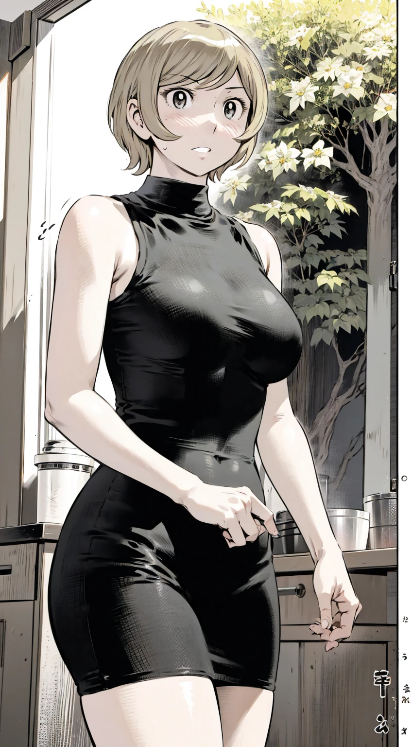 、(masterpiece、Highest quality)、Highest quality, Ultra-high resolution, (((masterpiece))), alone, Sweat、Big eyes, Please show me your armpits, No sleeve、Outdoor、Floral dress、Composition from the front、(Cut the back hair short、short hair、blonde、woman)、Shortcuts、Embarrassed face、Cut your hair short、可愛いwomanの子、Big Breasts