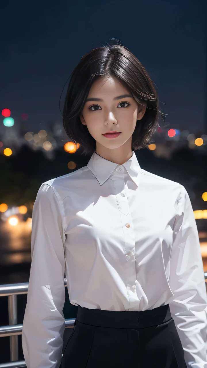 (((White collar shirt))), (((Modern black trousers))), ((Ideal figure)), ((Hazel eyes)), ((Black Hair)), ((Medium to short hair)), ((Bright skin)), (((Extremely detailed))), ((illustration)), ((beautiful delicate eyes)), beautiful, Astonishing, delicate eyes, expressive eyes, Solitary, 1 Girl, 1 person, (((masterpiece))), (((Practical:1))), (((best quality))), (((First-person perspective))), ((Stand up straight)), ((Professional studio lighting)), ((Staring at the audience)), (giggle), (((closeup portrait))), ((City skyline at night background)).