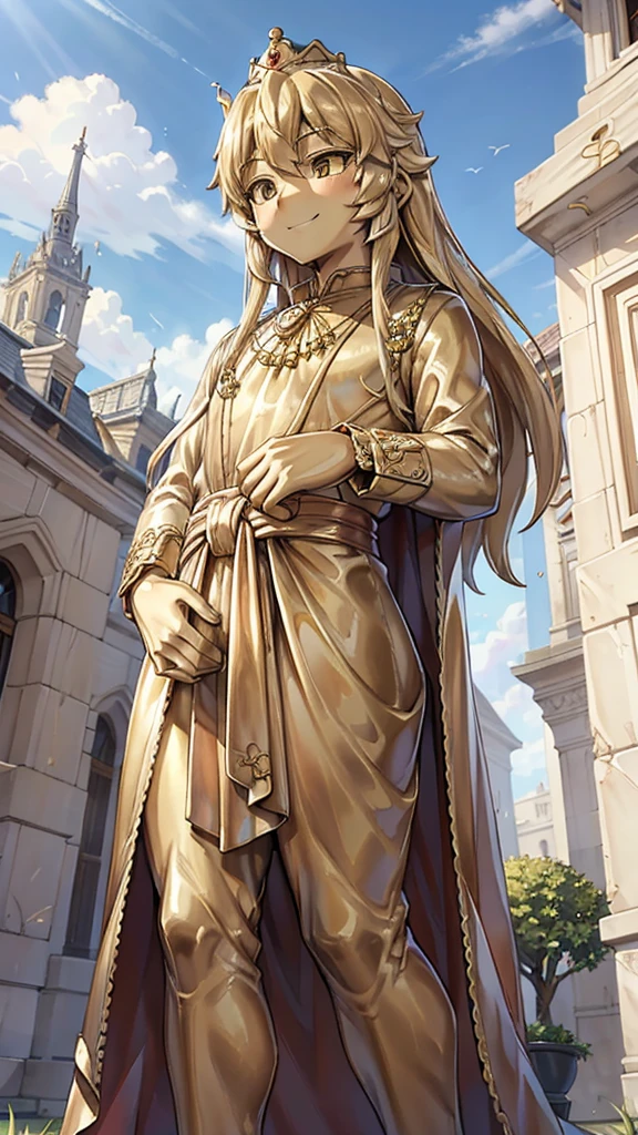 王子的Gold statue，Prince style，Prince costume，宫廷Dress，Gold statue，男孩的Gold statue，带着黄金冠冕的Gold statue，脚边停着一只燕子的Gold statue，Golden Boy Statue，Gold statue，Long hair，Dress，Dress，西式宫廷男士Dress，Cute boy，British style，Victorian style，crown，crown，femboy，Golden Boy Sculpture，Golden Boy Statue，Gold statue，Gold statue，Giant golden statue，Giant golden statue，Outdoor Background，Smiling statue，Close-up above the waist