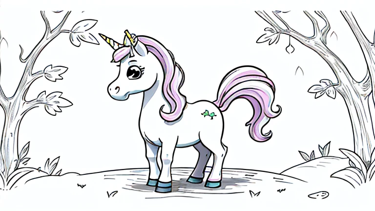 A unicorn in the forest, cartoon style, thick lines, no color, white background, only sketches