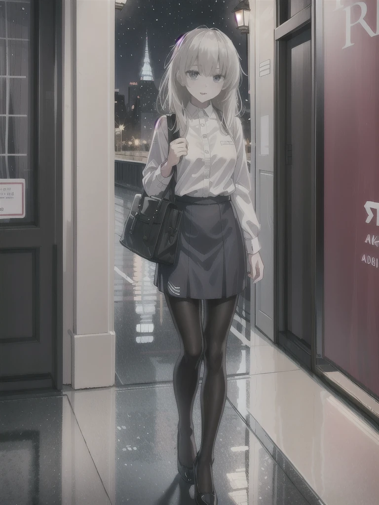 1girl, solo, female, ak-74m, white shirt, standing, full body shot's, blue skirt, outdoor, night, 4k, bokeh, pantyhose, carying a bag, mature woman, a date, one bag, high heels