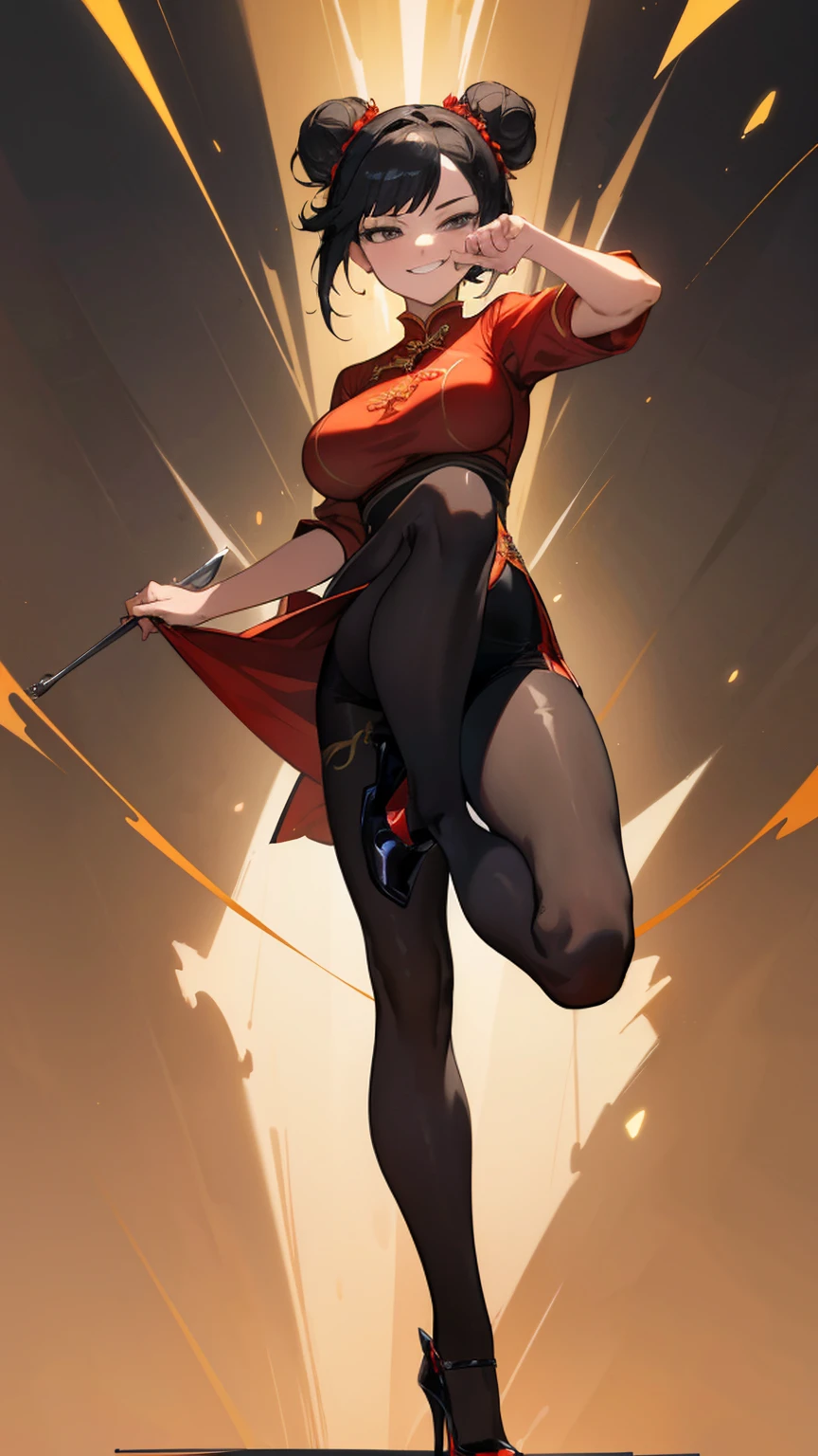 masterpiece, masterpiece,best quality,official art,extremely detailed CG unity 8k wallpaper, best quality, game_cg, girl, short hair, black hair, double_bun, smirk, grey eyes, large breasts, black pantyhose, high heels, fighting_stance, leg_lift,red Cheongsam with high fork,laugh,split
