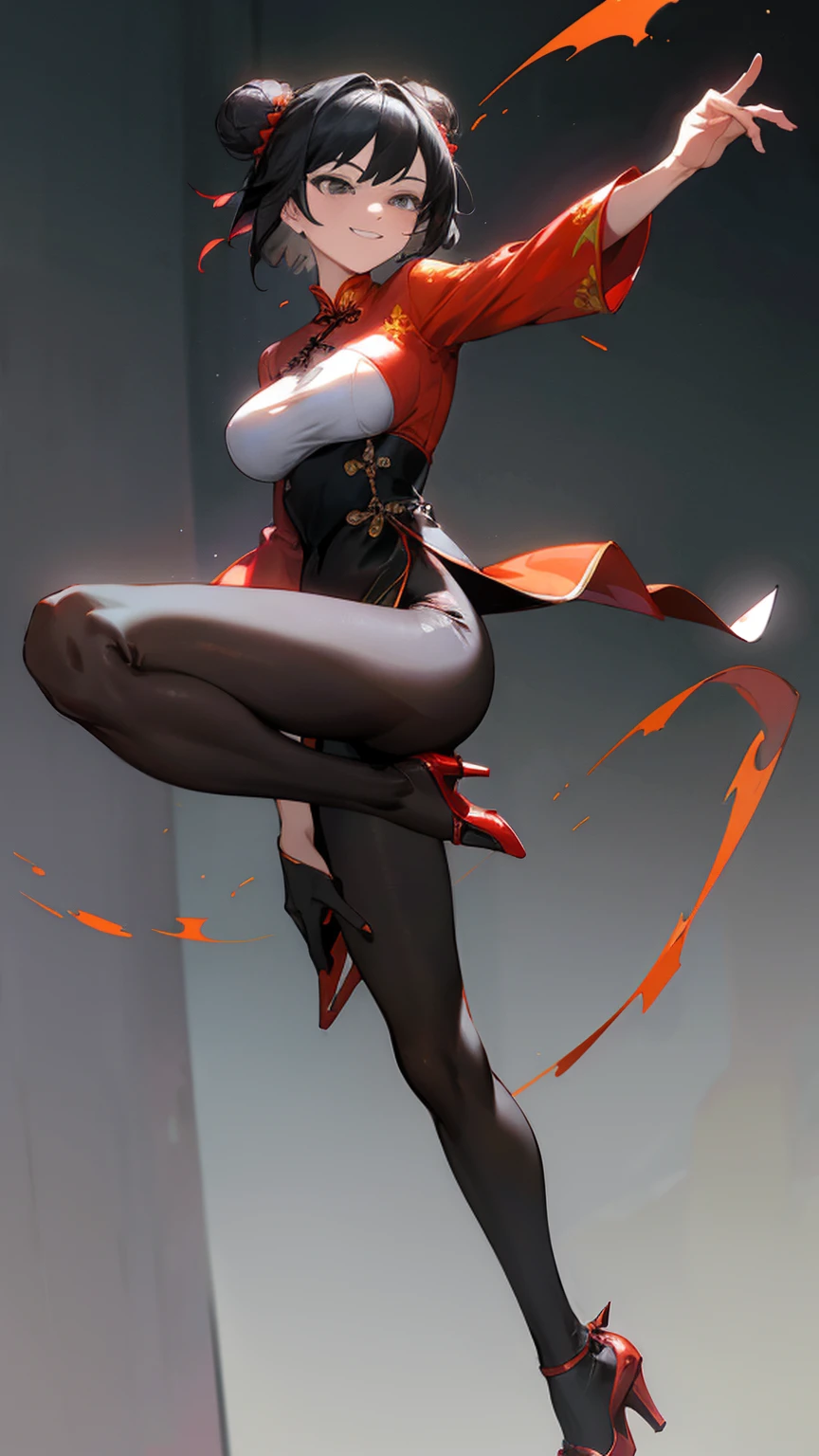 masterpiece, masterpiece,best quality,official art,extremely detailed CG unity 8k wallpaper, best quality, game_cg, girl, short hair, black hair, double_bun, smirk, grey eyes, large breasts, black pantyhose, high heels, fighting_stance, leg_lift,red Cheongsam with high fork,laugh,split