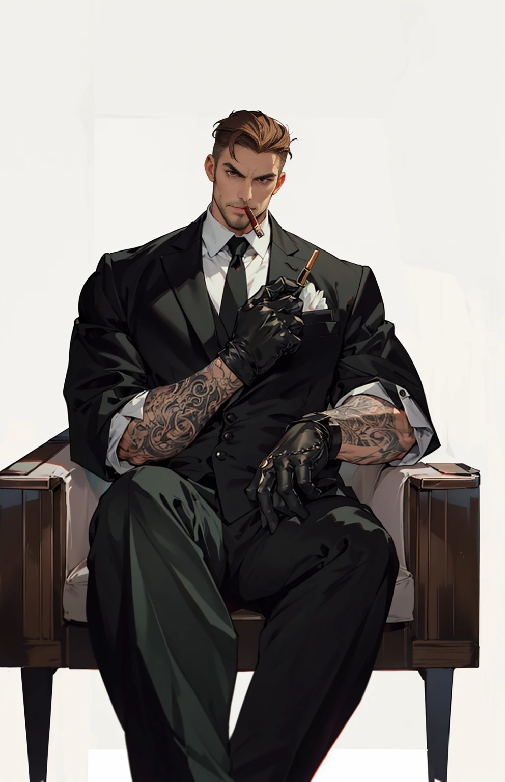 Mafia,male,45 years old,exuding a dangerous aura,white skin,well-proportioned figure,handsome face,ivory skin,strong physique,red eyes,brown hair,prominent eyebrows,intricate and detailed retro gun tattoos on both arms,black jacket,pants and gloves,and a stern face. A cigar is biting on his mouth,anime,