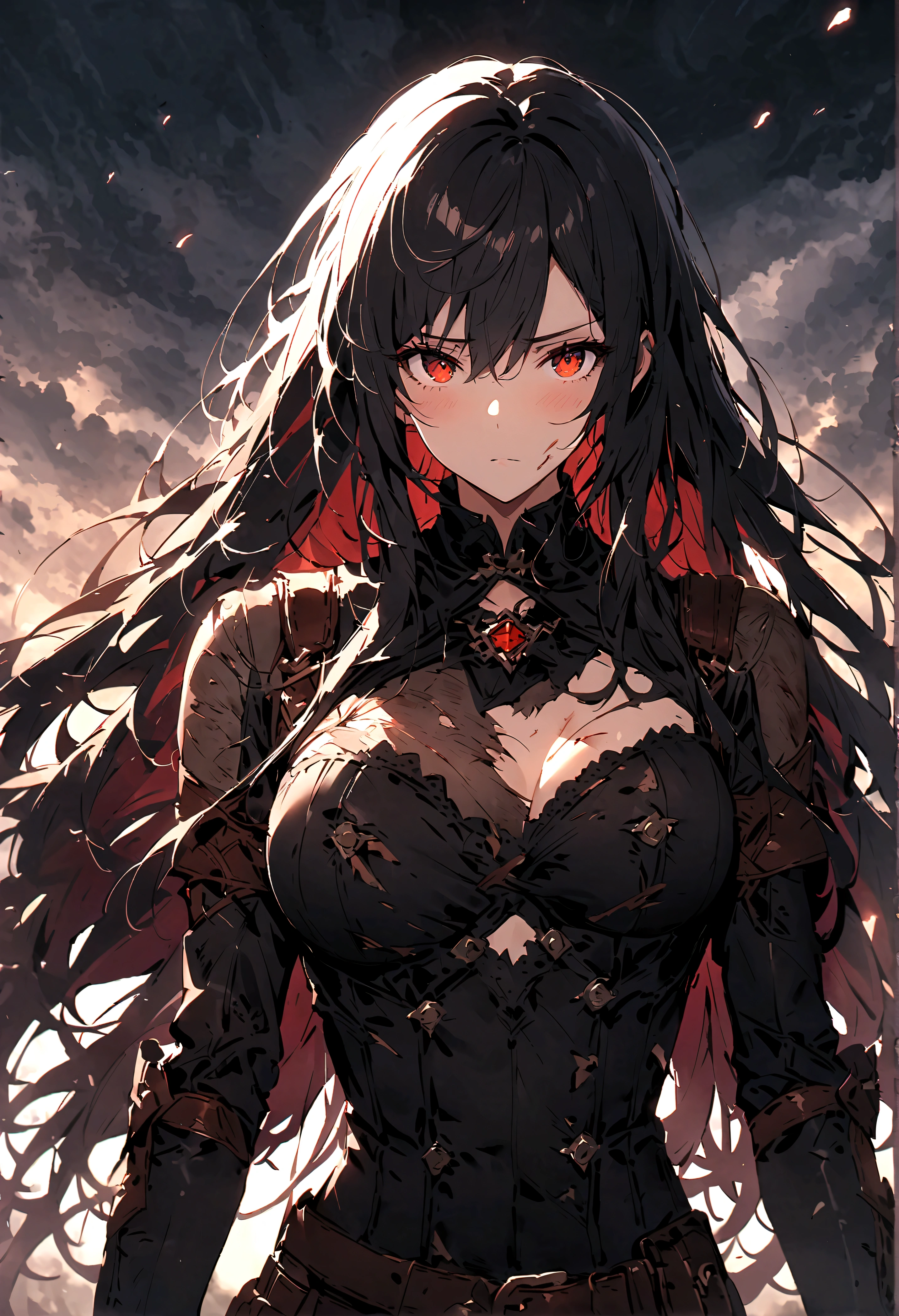 (only one person),Dark sky,heavy rain,lightning,dark clouds,(Battle damage机甲,Battle damage),Leather,Long hair
