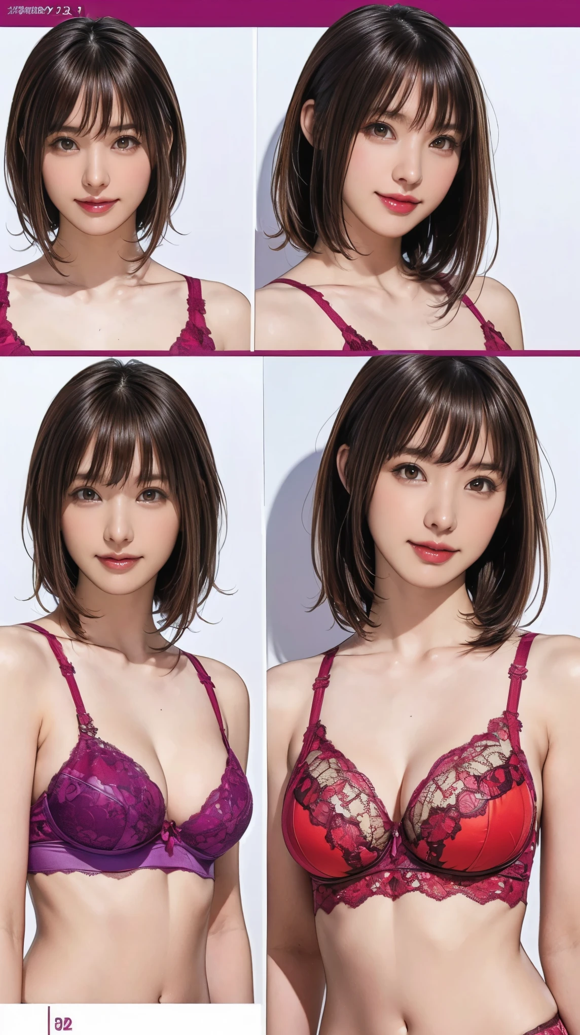 10:24:23
((masterpiece)),(((Highest quality))),((Reference Sheet, Character Design)), Highest quality,masterpiece,Ultra-high resolution,Original photo,Ultra-high resolution,Three beautiful women,Flashy makeup using red eyeshadow,Big smile,Short cut with side waves,Wearing purple and red lace bra and sexy panties,backstyle:1.2