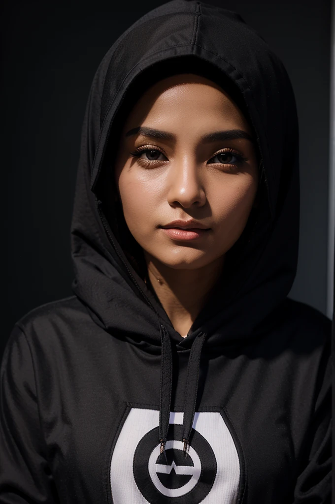 Create a 3D animated photo of a beautiful woman wearing a hijab, wearing a black hoodie jacket with a logo"SHINTA" with a bedtime proposal background