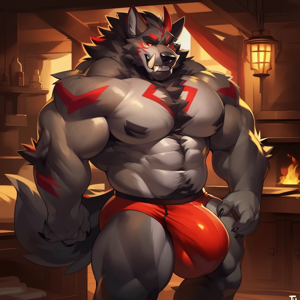 Solo, male (((giant, tall, wolf, werewolf, red eyes, grey body, Muscular, broad shoulders, hyper pecs, huge pecs, huge muscles, abs, muscular arms, muscular thighs, sharp teeth, black chest hair, black nose, tail, fangs, exposed teeth, clawed hands, clawed feet, big tusks, horns, big horns, body marking, red markings, black claws, scruffy cheeks, huge bulge))) forest, night, standing ((male focus, focus wolf, focus teeth)) rubbing stomach, detailed hands, detailed eyes, detailed face, detailed teeth, detailed tusks, detailed arms, detailed abs, detailed bulge, detailed snout, briefs, black briefs, big briefs, accurate tusk placement, perfect anatomy, by darkgem, by mystikfox61, by glitter trap boy
