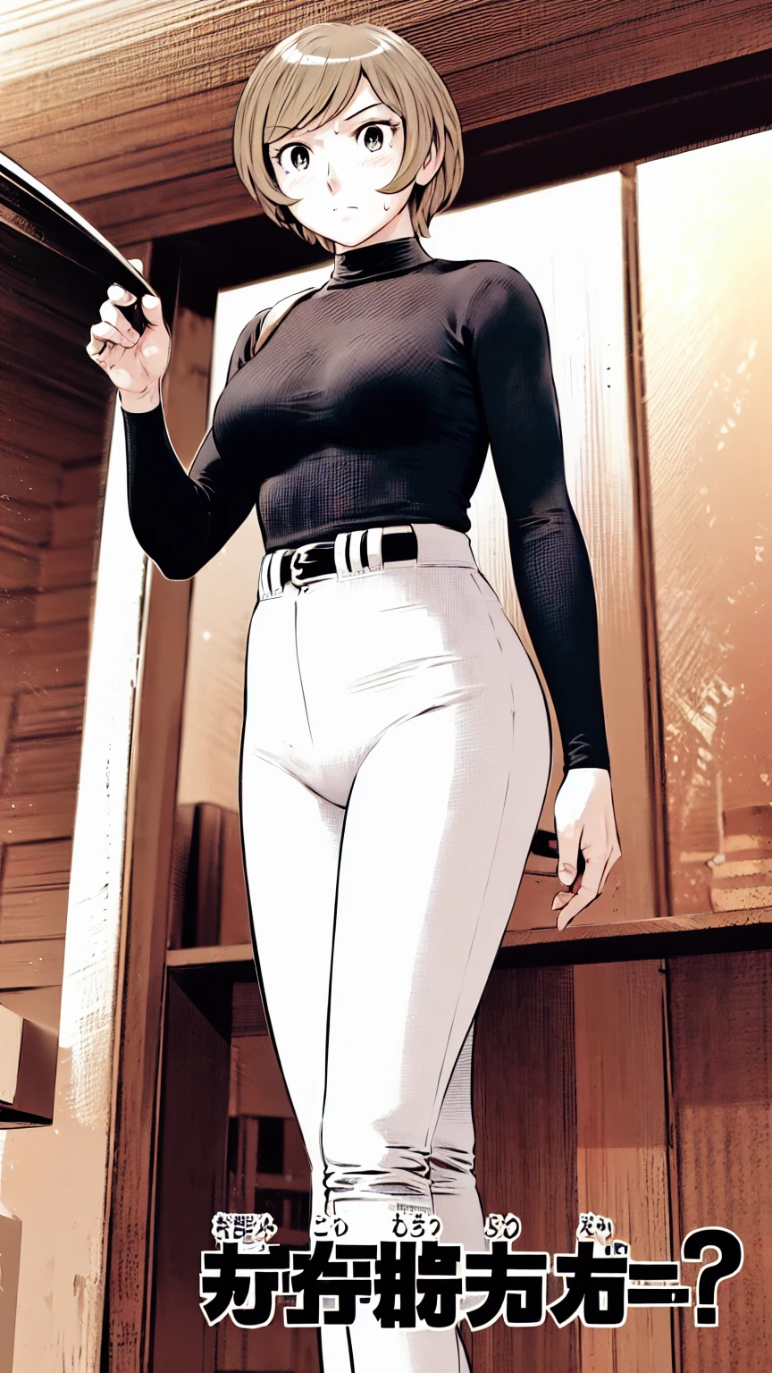 (野球uniform:1.2),
Blonde Hair, (short hair:1.2),Long sleeve, Black Shirt, turtleneck,White trousers、uniform、Black belt、((Illustration of people))、Big Boobs、
View Audience,, (Highest quality:1.3),One Girl, White pants、uniform、Outdoor、baseball ground、ground、soil、blue eyes、Tight black shirt、(masterpiece、Highest quality)、Highest quality, Ultra-high resolution, (((masterpiece))), alone, Sweat、Big eyes、Big Breasts、One Girl, Front view、Embarrassed face、Bronze colored hair、((short hair))、Stand up straight
