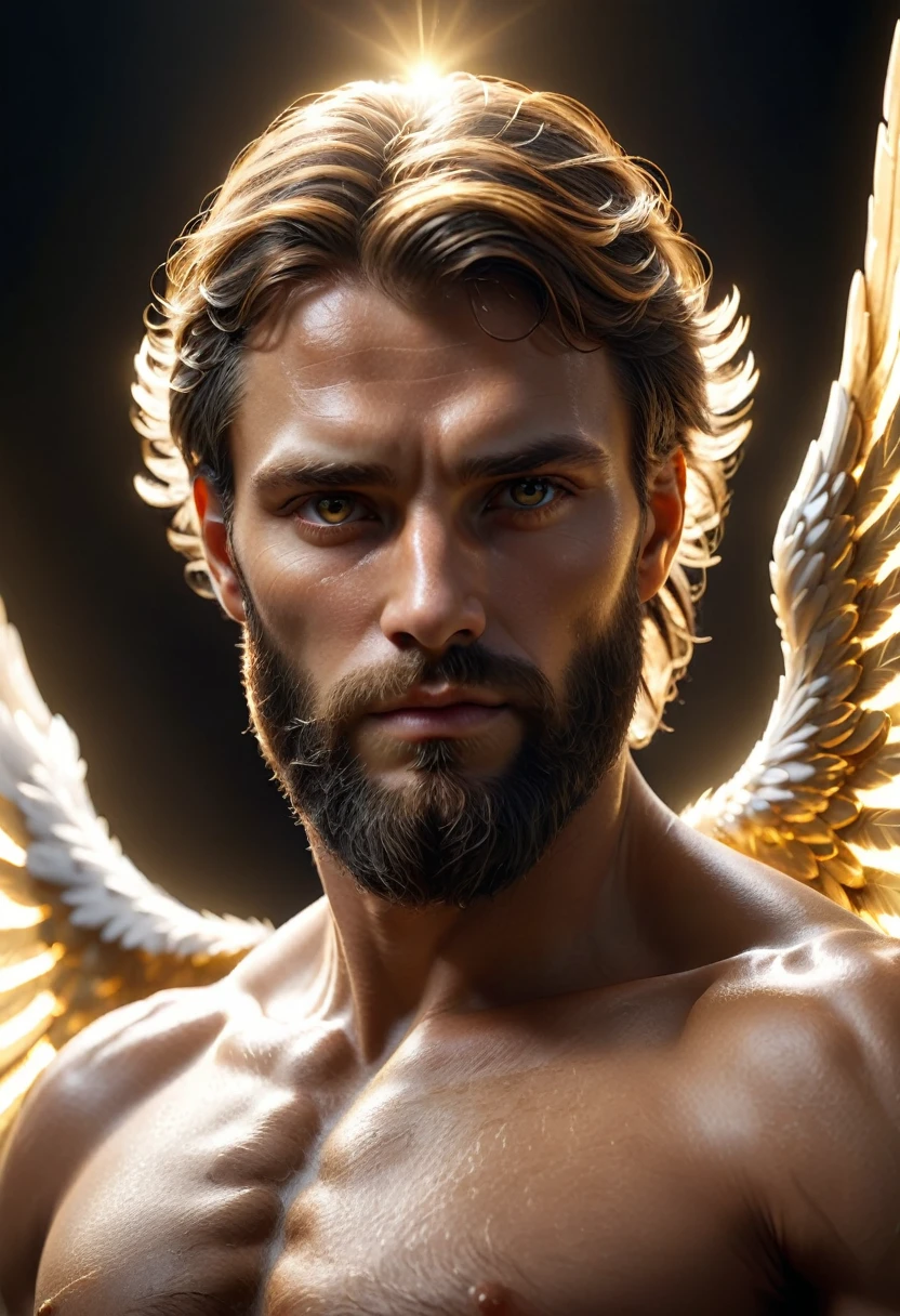 dark, (ashenhard style:1.1),, a male angel, with beams of light enveloping his body, his feathery wings are spread out, a golden halo over his head, muscular, beard, masculine, masterpiece, best quality, intricate detail, absurdres, high detail RAW color Photo, highly detailed, harsh lighting, cinematic lighting, detailed eyes, distinct pupils, contrast, textured skin, cold skin pores, hard light, gigapixel, feet visible, flawless face, 8k resolution, beautiful, cinematic, elegant, hyperrealistic, octane render, unreal, high definition, 8k resolution, highly detailed, 8k uhd, professional lighting, photon mapping, radiosity, physically-based rendering, perfect face, detailed face and body, award-winning photography, detailed face, backlight, ultrarealistic, ray tracing, intense gaze, cinematic lighting