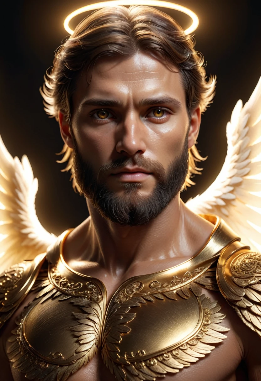 dark, (ashenhard style:1.1),, a male angel, with beams of light enveloping his body, his feathery wings are spread out, a golden halo over his head, muscular, beard, masculine, masterpiece, best quality, intricate detail, absurdres, high detail RAW color Photo, highly detailed, harsh lighting, cinematic lighting, detailed eyes, distinct pupils, contrast, textured skin, cold skin pores, hard light, gigapixel, feet visible, flawless face, 8k resolution, beautiful, cinematic, elegant, hyperrealistic, octane render, unreal, high definition, 8k resolution, highly detailed, 8k uhd, professional lighting, photon mapping, radiosity, physically-based rendering, perfect face, detailed face and body, award-winning photography, detailed face, backlight, ultrarealistic, ray tracing, intense gaze, cinematic lighting