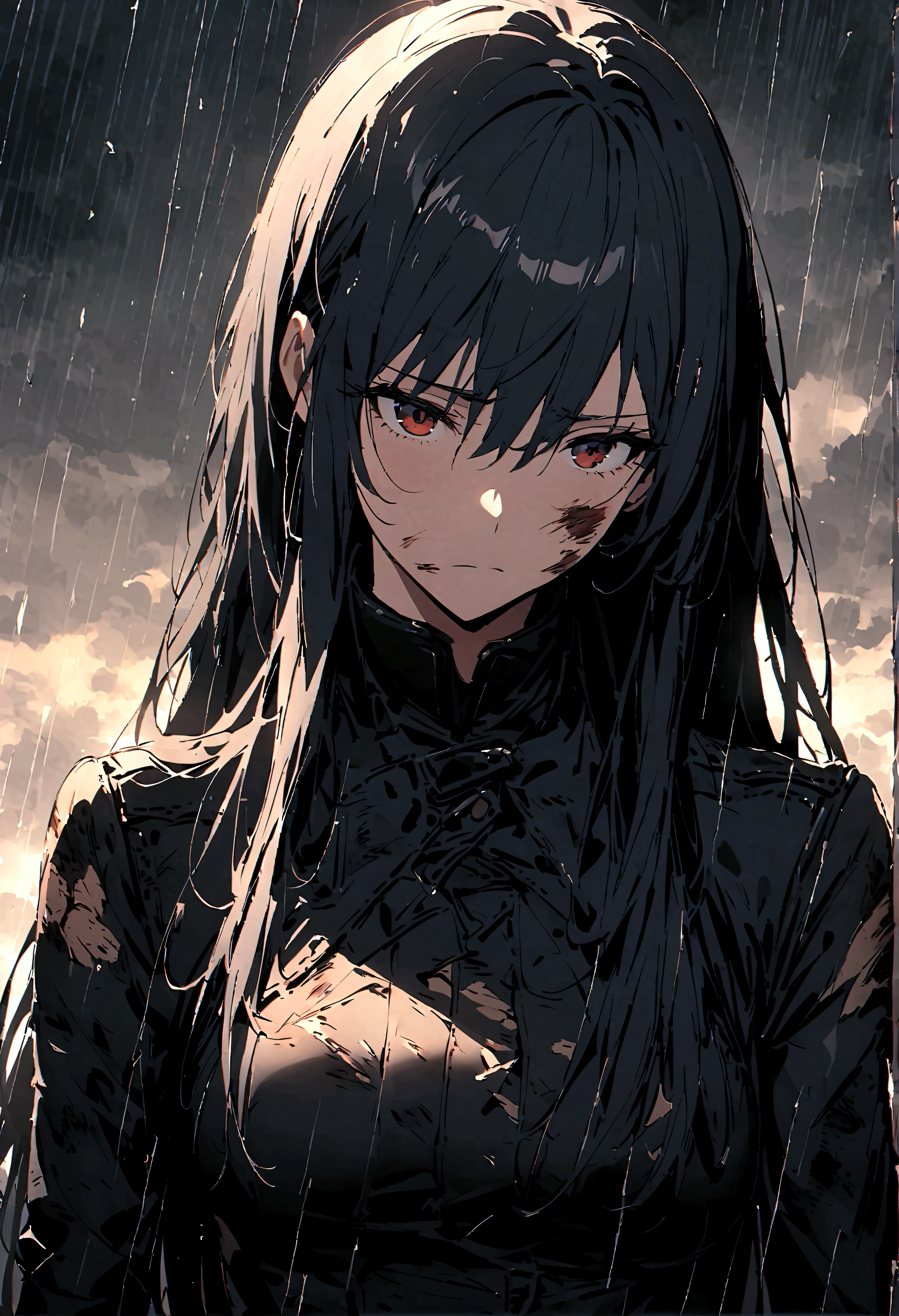 （only one person），Dark sky，heavy rain，lightning，dark clouds，(Battle damage机甲，Battle damage)，Leather，Long hair