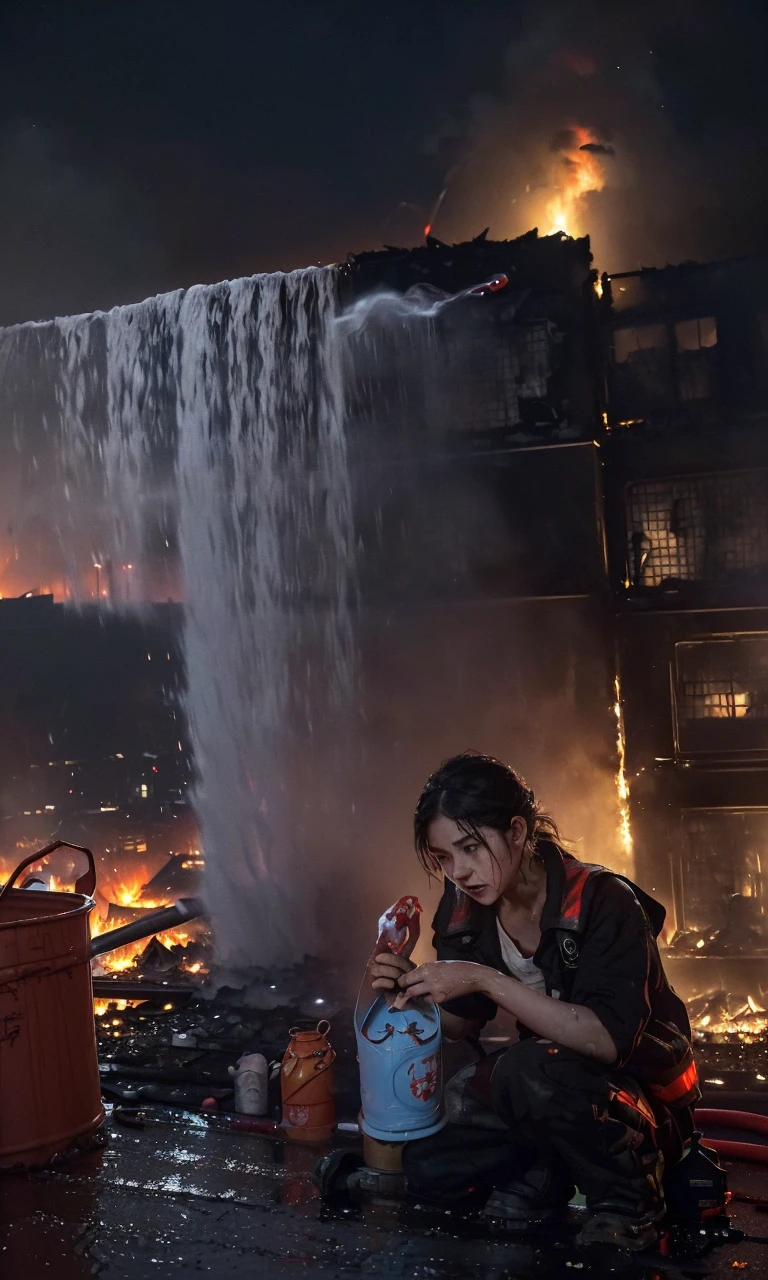 ((A sitting in the street feeling cold crying, teary hinged eyes, sadness cute face 🥺 )), the background of ((a burnt flat ruined and an ambulance, p((olice people turning to extinguish the fire with water buckets, night, police lights, smoke outside the destroyed house, flames))