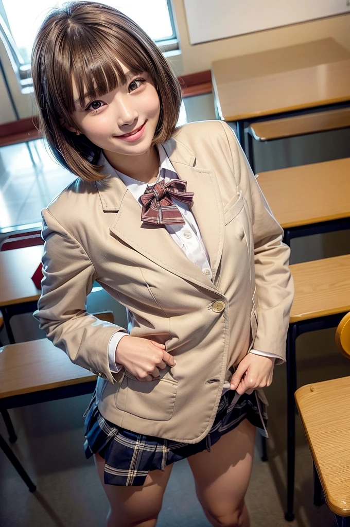 One Woman、((Standing wearing a blazer and miniskirt school uniform))、Primary school students,((small breasts)),Highest quality、Very delicate and beautiful、((Very short bangs))、((Bangs))、明るいつやのある茶色の髪のHighest quality、Very delicate and beautiful、((Very short bangs))、((blunt bangs))、Light shiny brown hair、The hair is light、((Short Bob))、Cute face、Young face、Cute like an idol、Are thin、Slim figure、slender、Short、 body type、((Background is an elementary school classroom))、Shot from above、Chair、Sitting、The best smile、